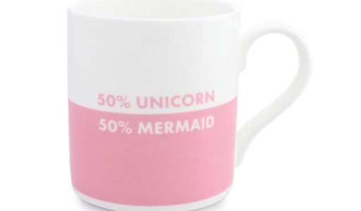 Mug design with pink half below with white writing "50% Mermaid" and top half white with pink writing "50% Unicorn"